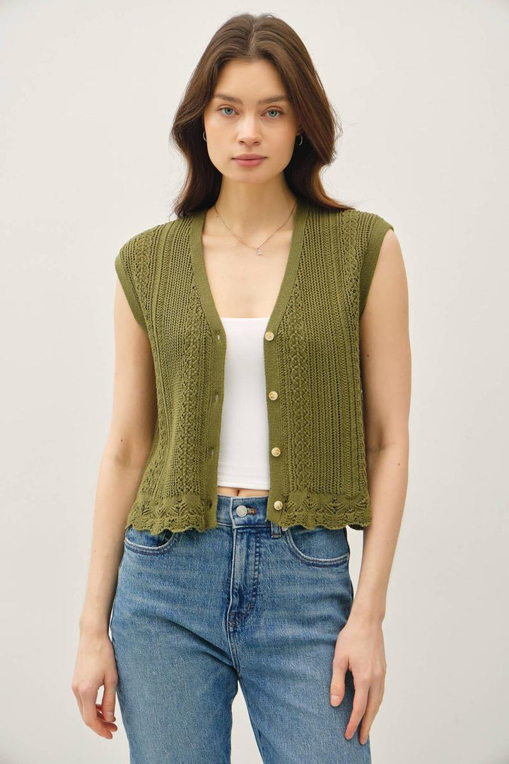 Be Cool -  Button Up Crochet Knit Tank in Moss