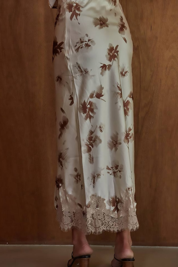 By Together - Woven Satin Polyester Floral Print Midi Skirt