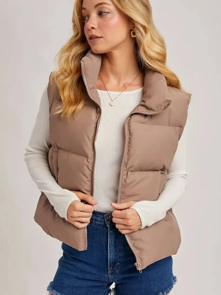 Bluivy - Zipper Front Puffer Vest in Mushroom