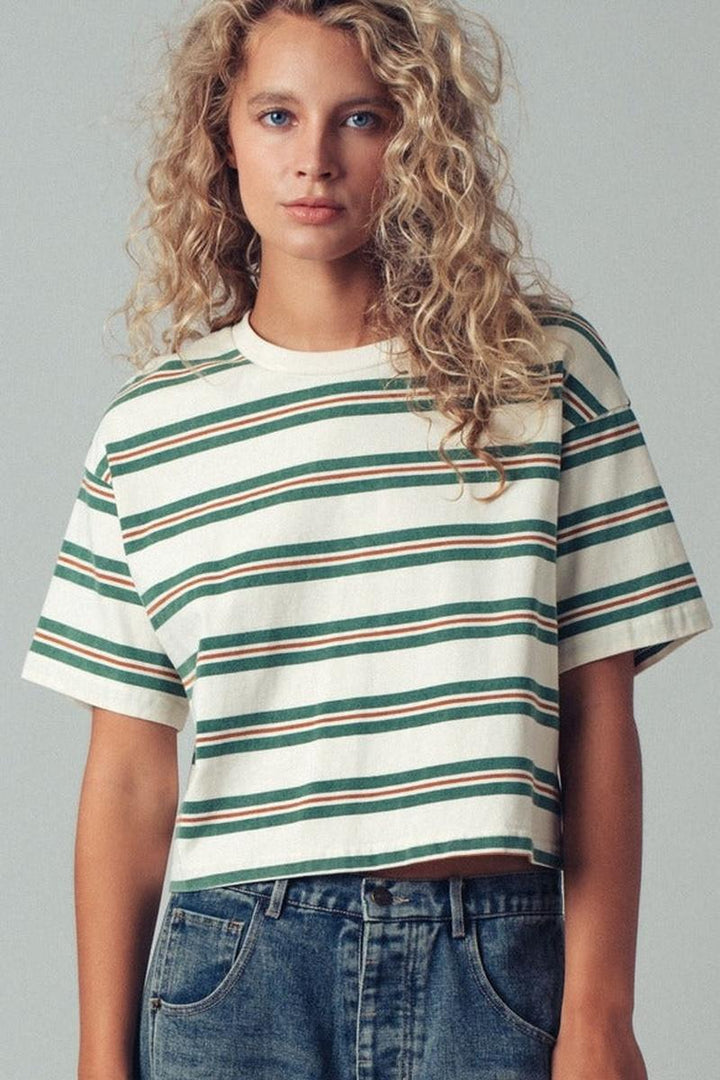 Urban Daizy - Vintage Washed Striped Cotton Crop Tee in Ivory Green
