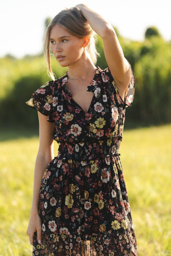 Lovestitch - Ruffle Sleeve Smocked Waist Maxi Dress in Black Combo
