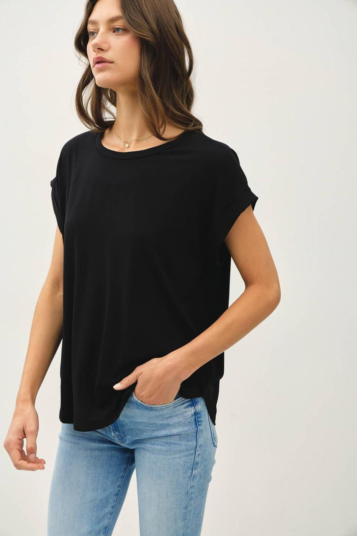 Be Cool - Bamboo/Modal Round Neck Dolman Cap Sleeve Shirt in Black