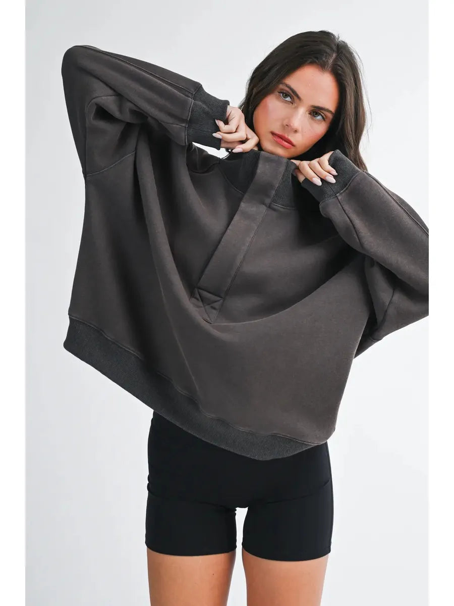 AEMI + CO - Oversized Snap Neck Pullover Sweatshirt in Granite