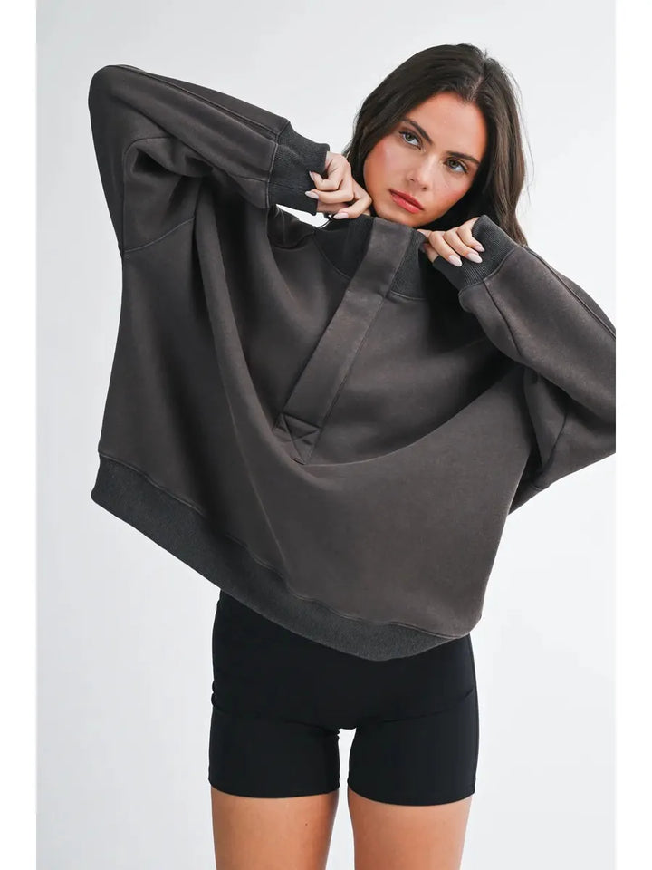 AEMI + CO - Oversized Snap Neck Pullover Sweatshirt in Granite