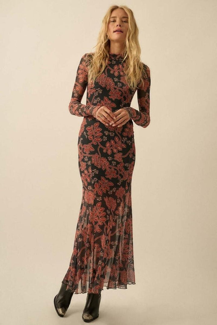 Promesa USA - Floral Mesh Mock-Neck Thumbhole Maxi Dress in Charcoal