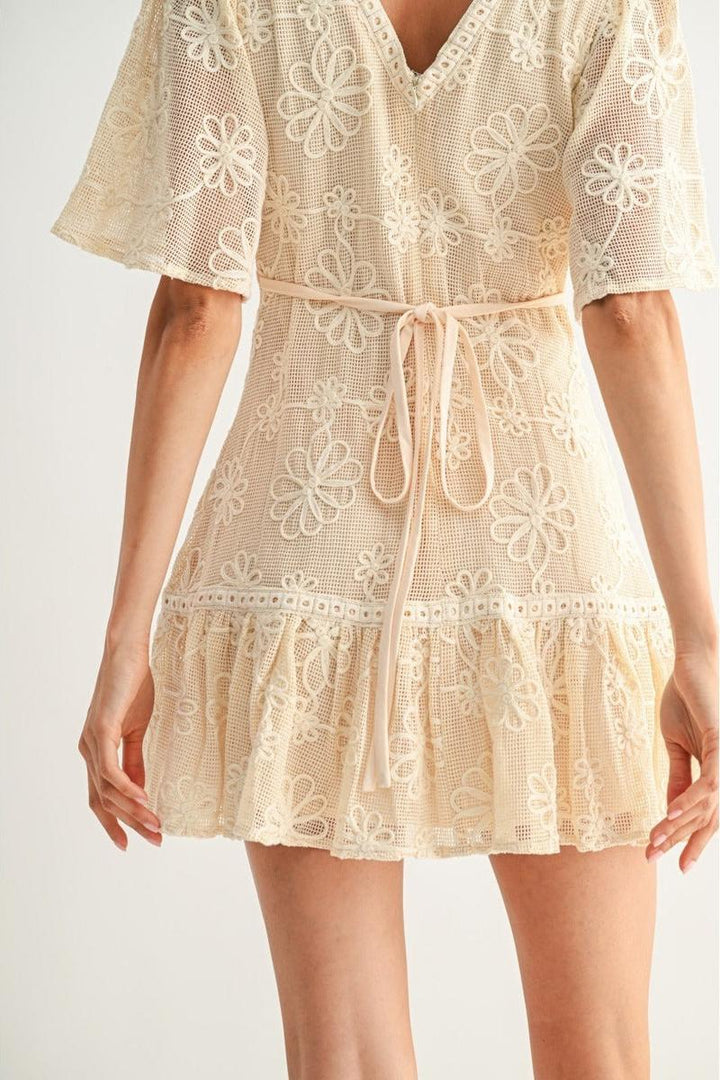 Camellia - Elegant Floral Lace Mini Dress in Cream