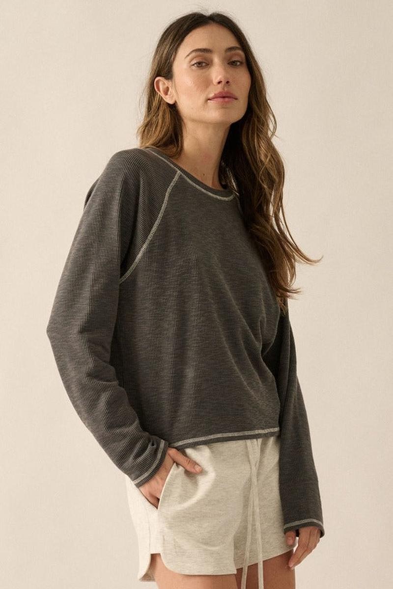 Promesa USA - Reverse Seam Raglan Sleeve Rib-Knit Top in Dark Chambray