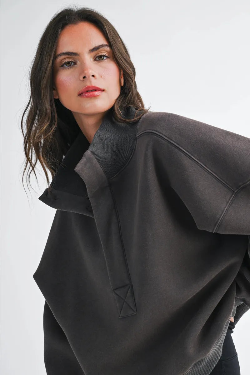 AEMI + CO - Oversized Snap Neck Pullover Sweatshirt in Granite
