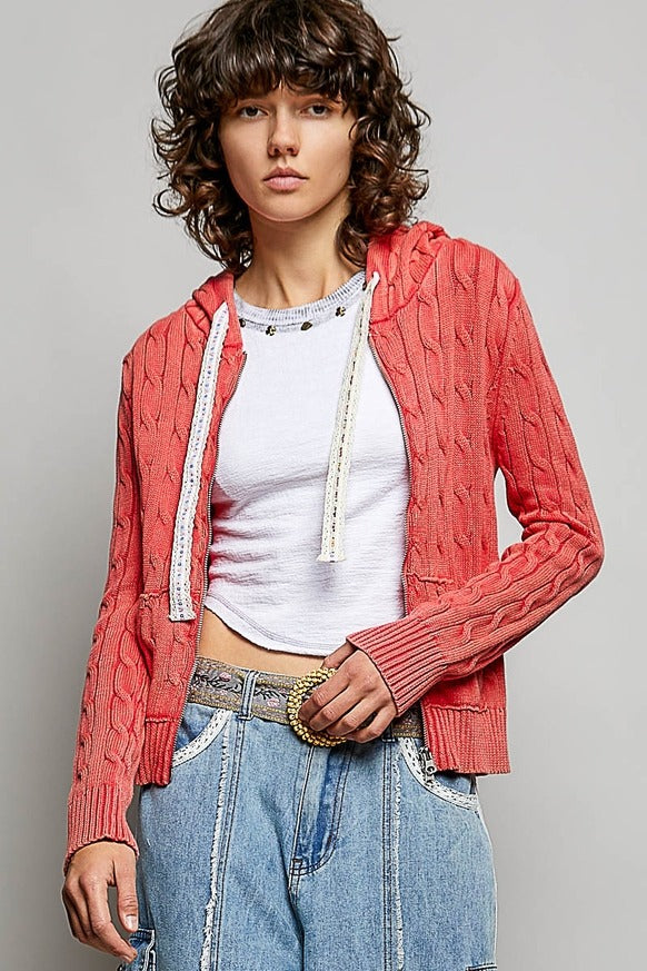 Pol Clothing - Full Sleeve Solid Acrylic Sweater Hoodie Zip Up Knit Top