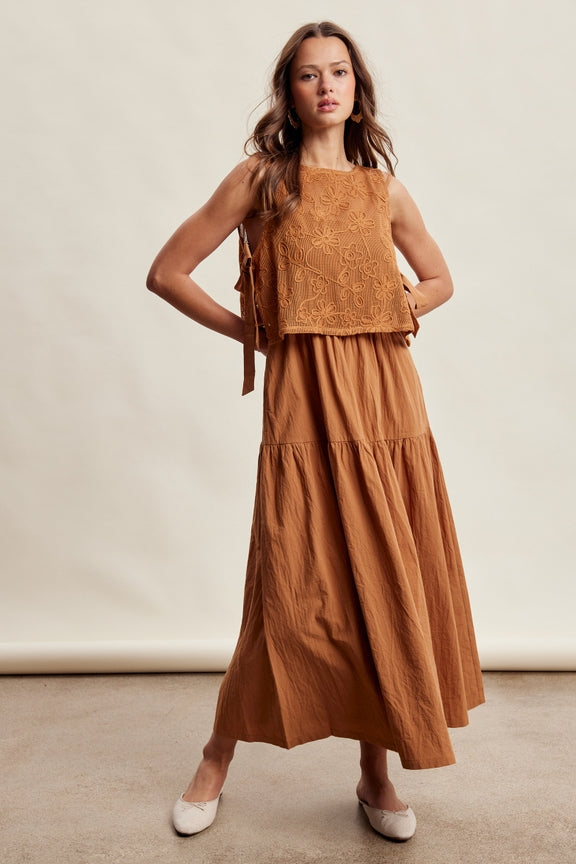 Listicle - Embroidered Lace Vest & Sleeveless Midi Dress Set