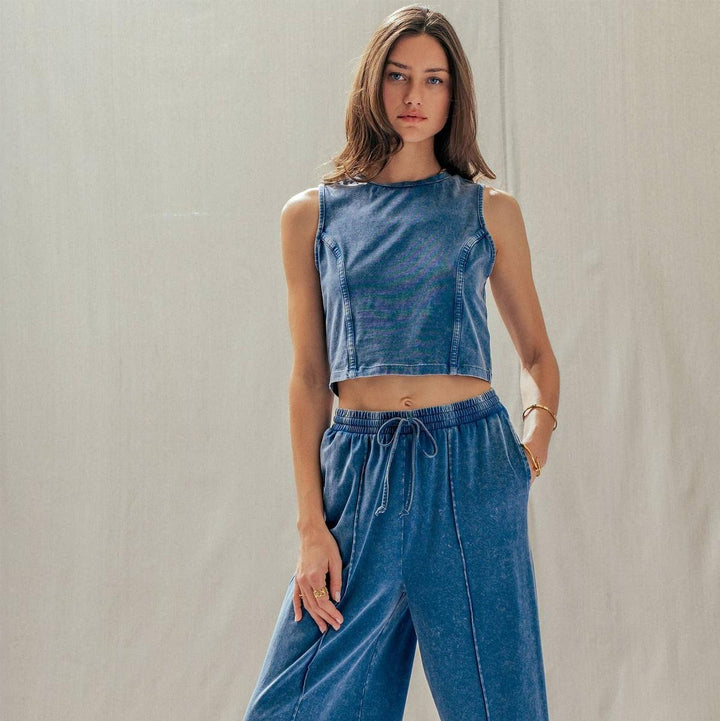 Urban Daizy - Mineral Wash Cotton Crop Tank & Wide Leg Pant Set in Navy