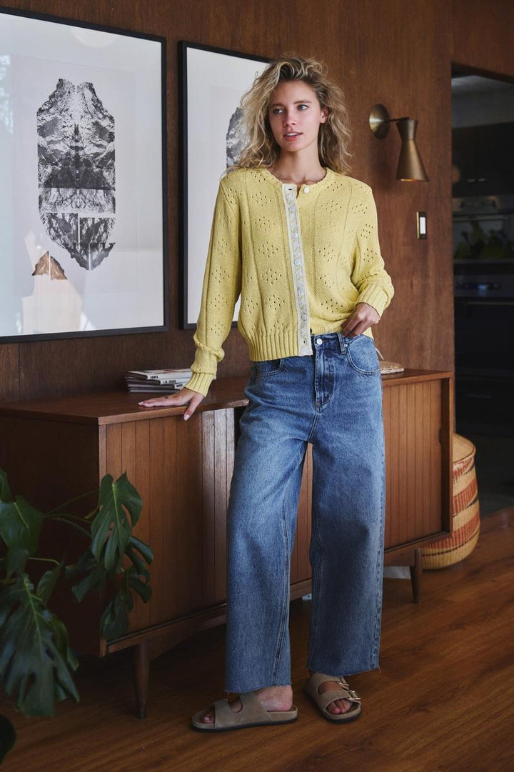 Urban Daizy - Pointelle Knit Cardigan Lace Trim Button Down in Yellow Kiwi