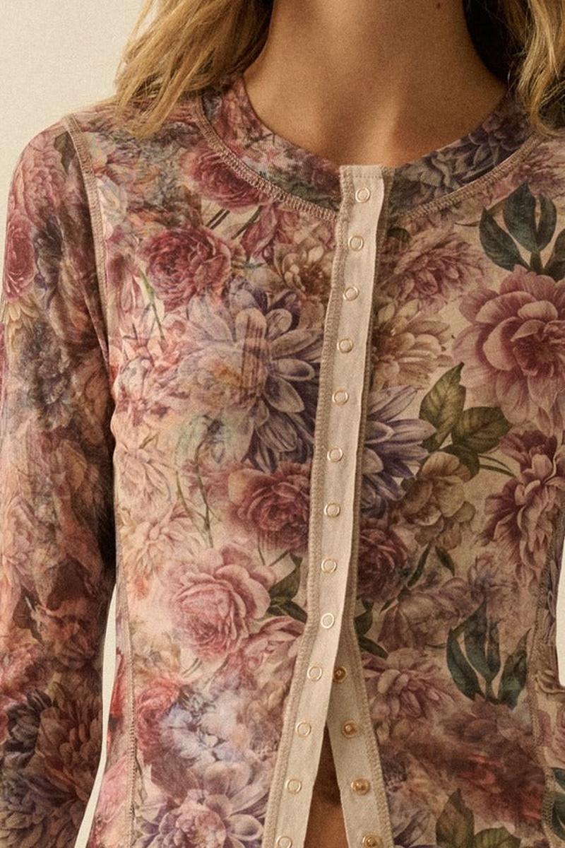 Promesa USA - Floral-Print Mesh Snap-Front Long-Sleeve Top