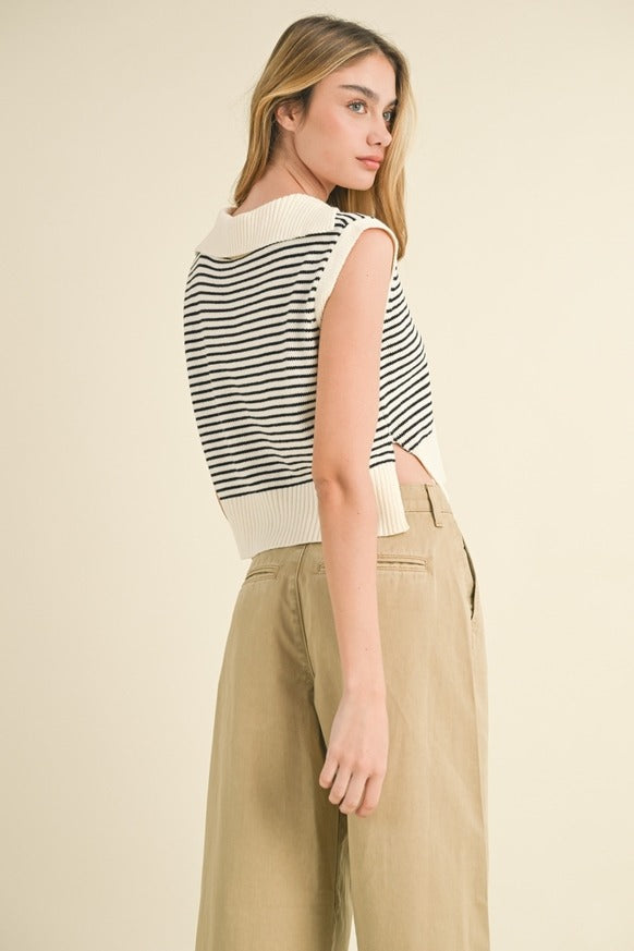 MIOU MUSE - V-Neck Stripe Collar Knitted Top