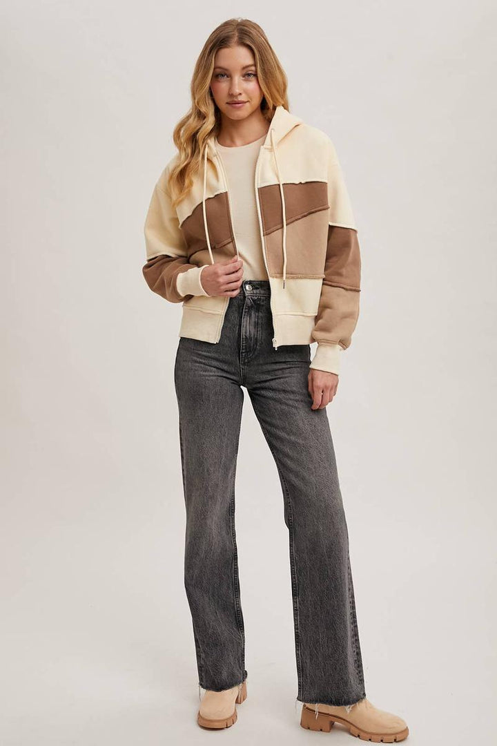 Bluivy - Zipper Front Patchwork Landscape Hoodie in Mocha Combo