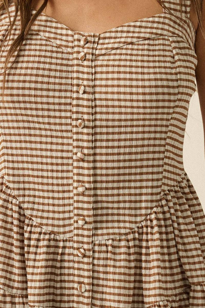 Promesa USA - Gingham Sleeveless Fit-and-Flare Tiered Ruffle Romper in Brown