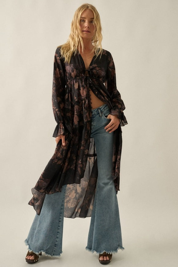Promesa USA - Floral Chiffon Ruffled Trumpet-Sleeve High-Low Midi Dress