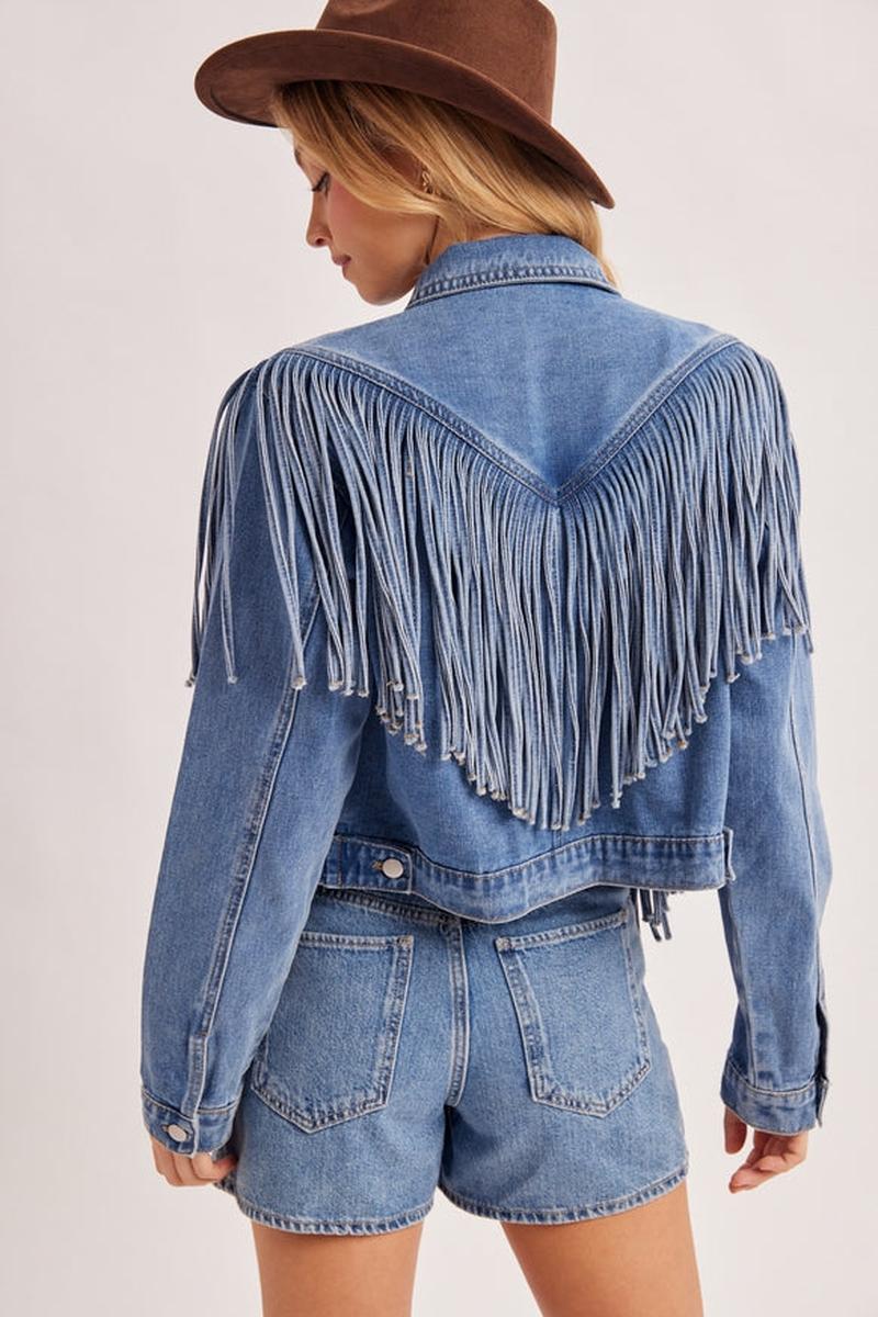 Bluivy - Western V-Yoke Cropped Fringe Button Down Denim Jacket
