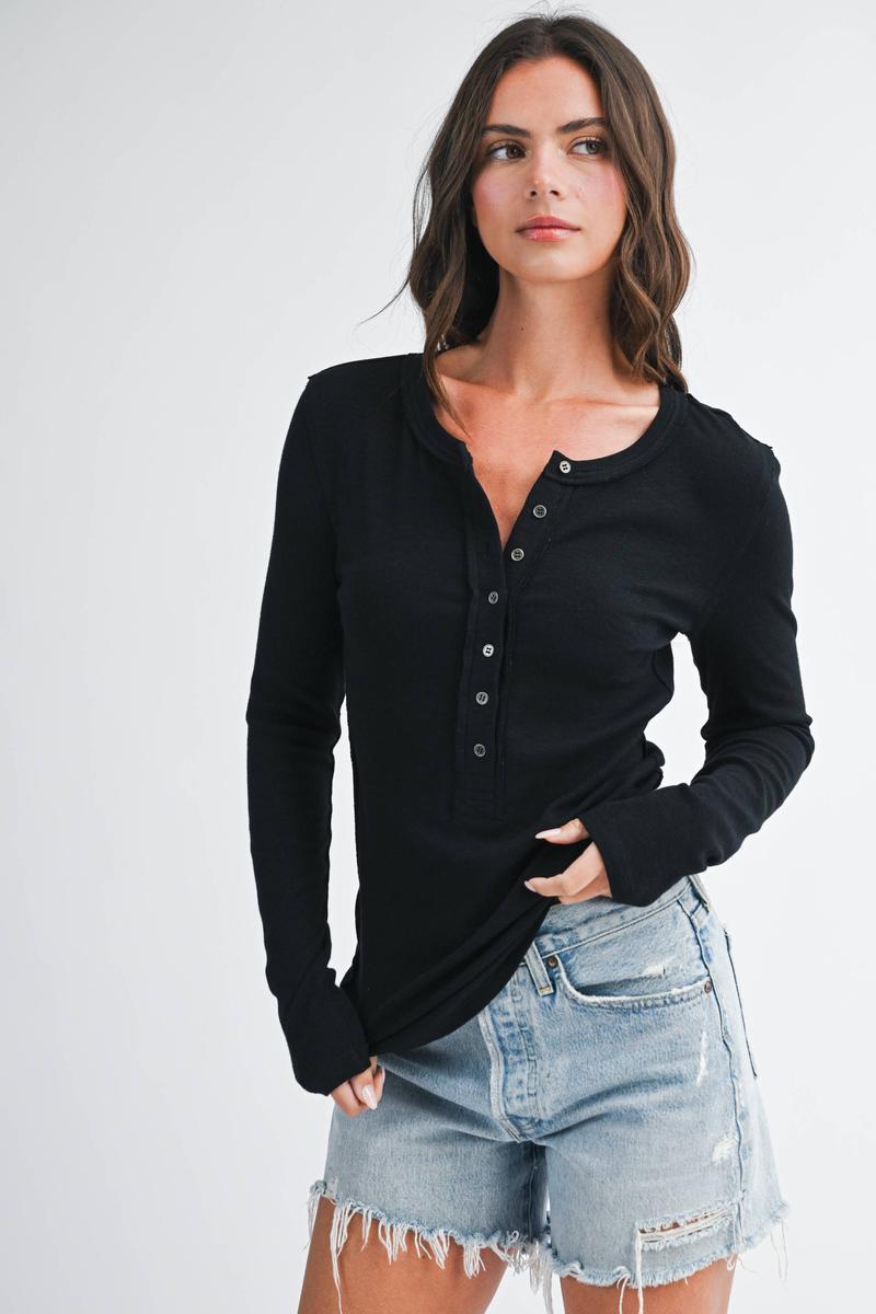 AEMI + CO - Henley Long Sleeve Top in Black