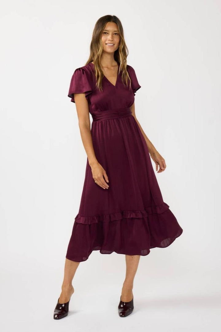 Lovestitch - Flutter Sleeve V-Neck Midi Dress in Merlot