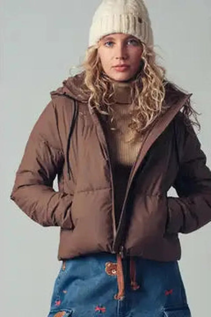 Urban Daizy - Cozy Drawstring Hooded Puffer Jacket in Chocolate