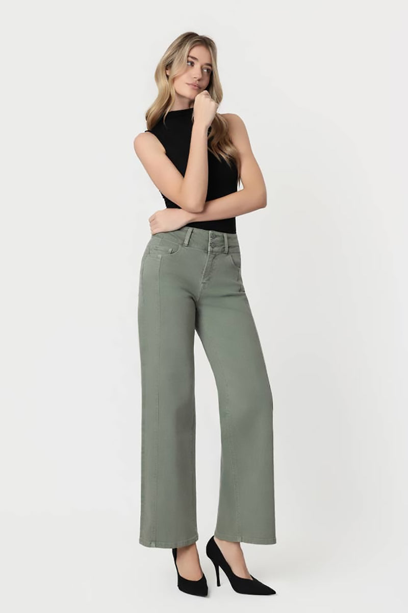 FLYING MONKEY - Super High Rise Double Waistband 2 Buttons Wide Leg Pants in Sage Green