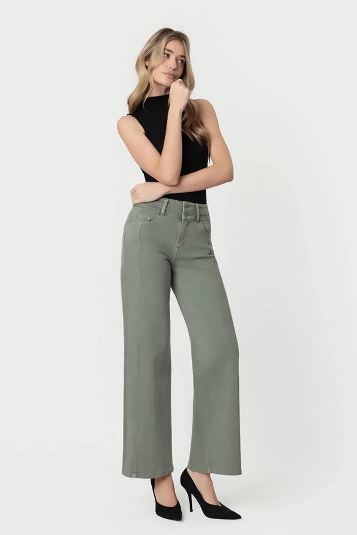 FLYING MONKEY - Super High Rise Double Waistband 2 Buttons Wide Leg Pants in Sage Green