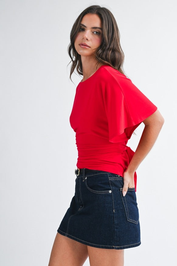 AEMI + CO - Draped Short Sleeve Back Tie Top