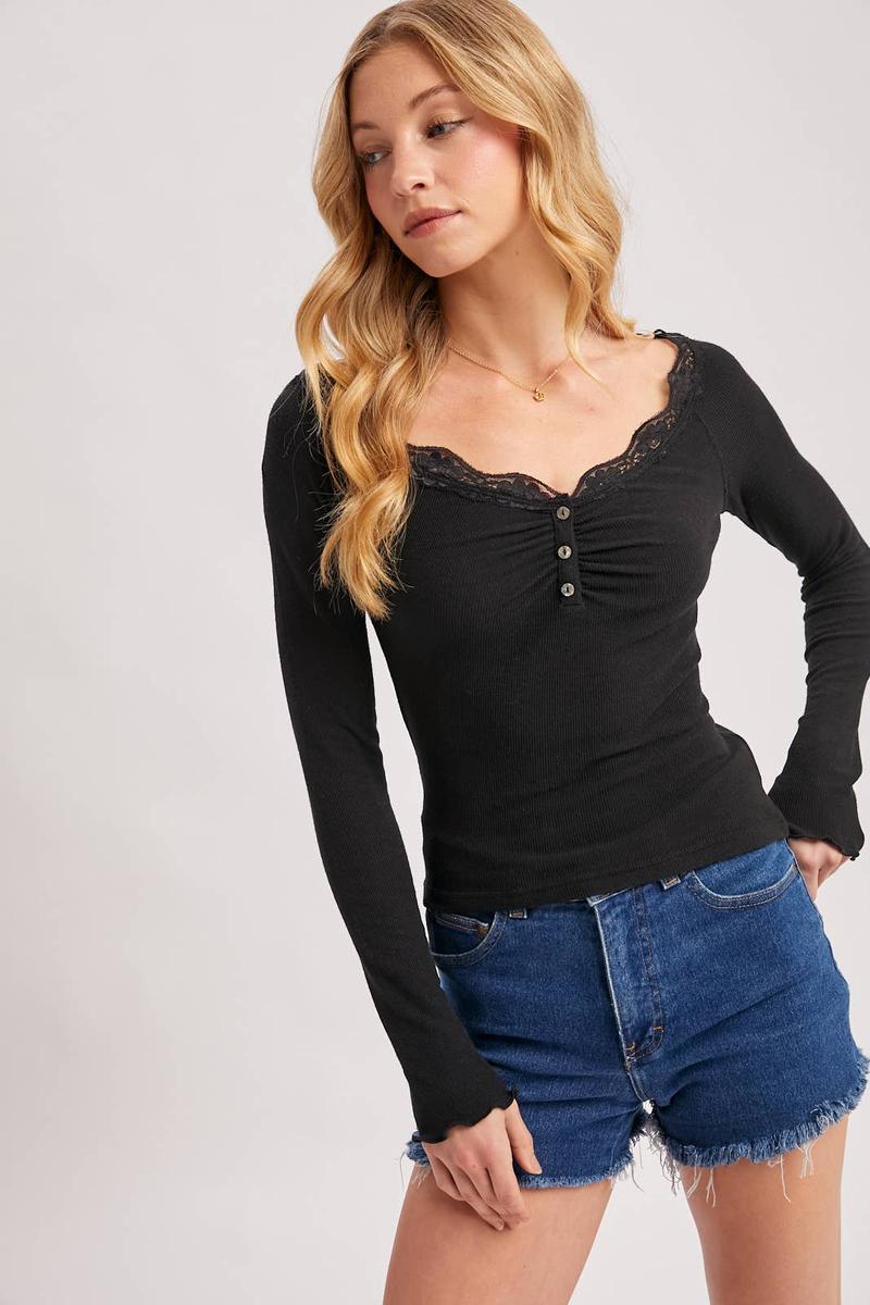 Bluivy - Lace Trim Button Down Henley Top in Black