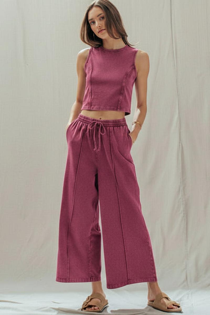Urban Daizy - Mineral Wash Cotton Crop Tank & Wide Leg Pant Set in Fuchsia