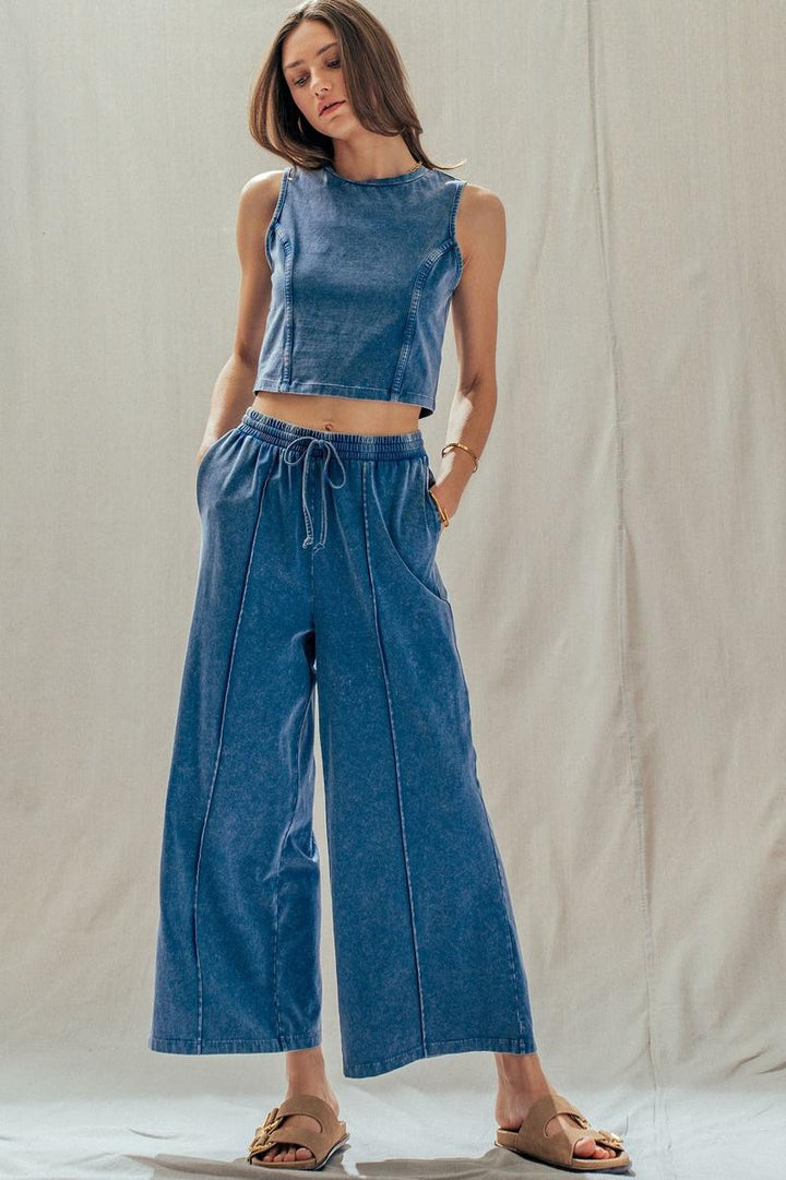 Urban Daizy - Mineral Wash Cotton Crop Tank & Wide Leg Pant Set in Navy