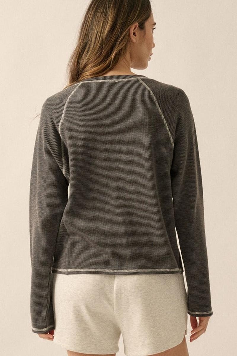 Promesa USA - Reverse Seam Raglan Sleeve Rib-Knit Top in Dark Chambray