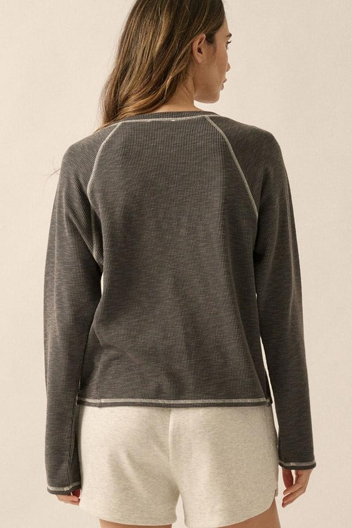 Promesa USA - Reverse Seam Raglan Sleeve Rib-Knit Top in Dark Chambray