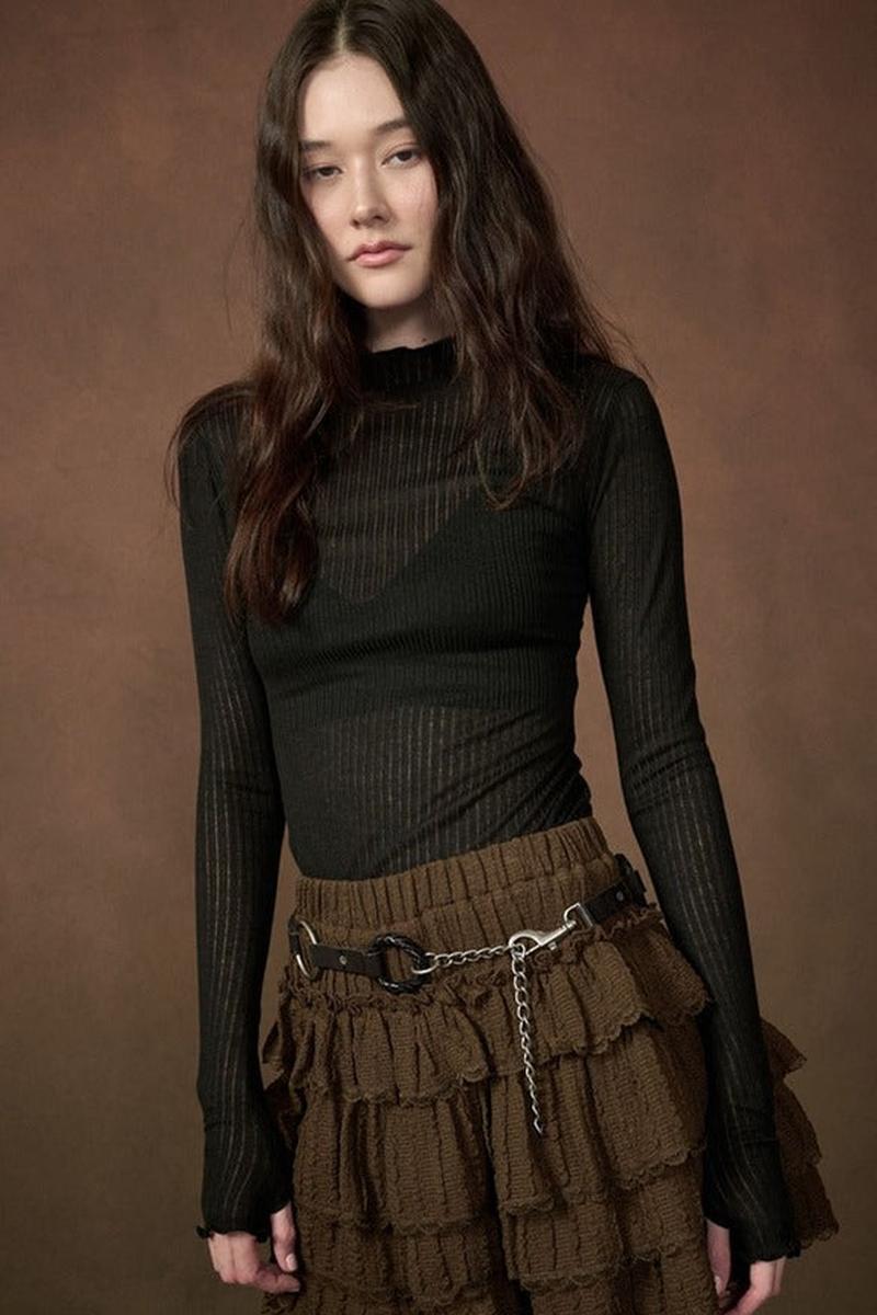 Promesa USA - Semi-Sheer Ribbed Knit Mock-Neck Long-Sleeve Thumbhole Top