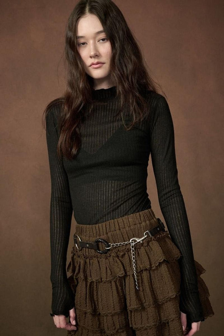Promesa USA - Semi-Sheer Ribbed Knit Mock-Neck Long-Sleeve Thumbhole Top