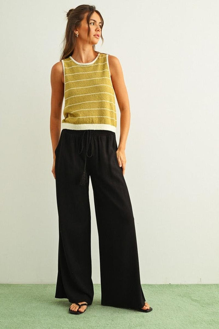 MIOU MUSE - Cotton Linen Smocked Waist Pants with Tassel in Black