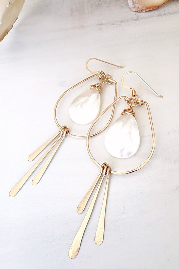 Quinn Sharp - Teardrop Mother of Pearl Hoops Long Fringe in Gold