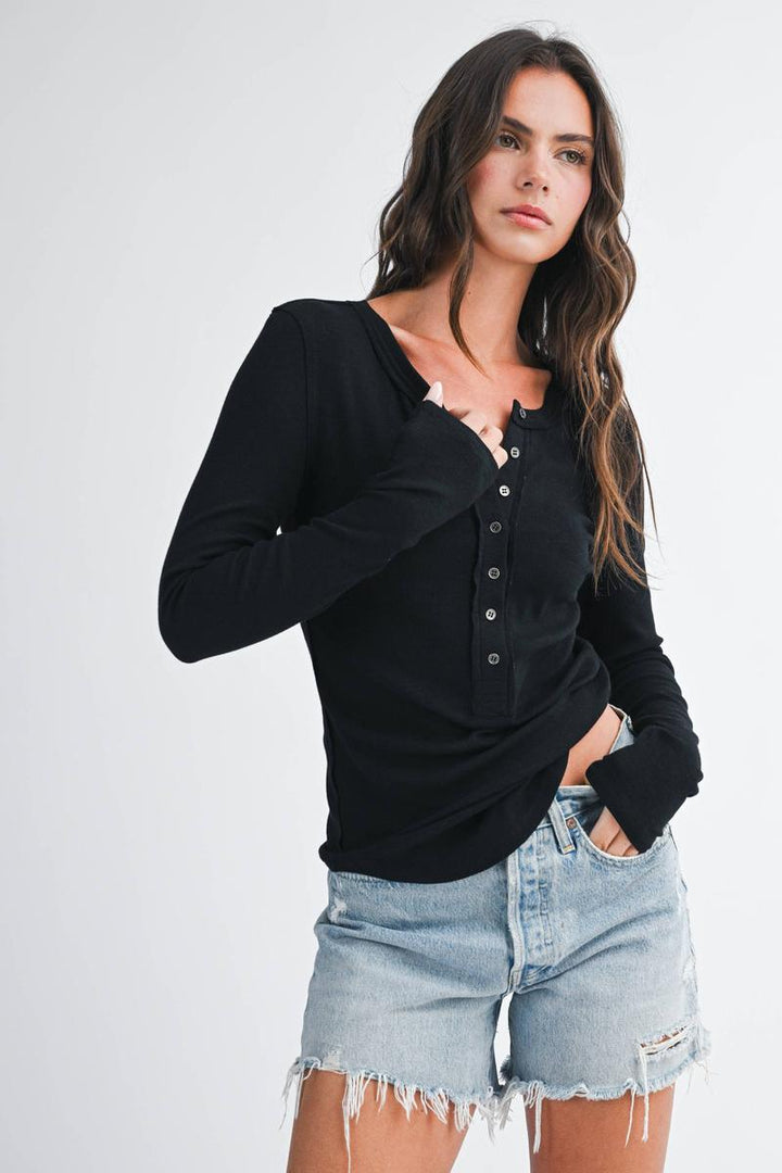 AEMI + CO - Henley Long Sleeve Top in Black