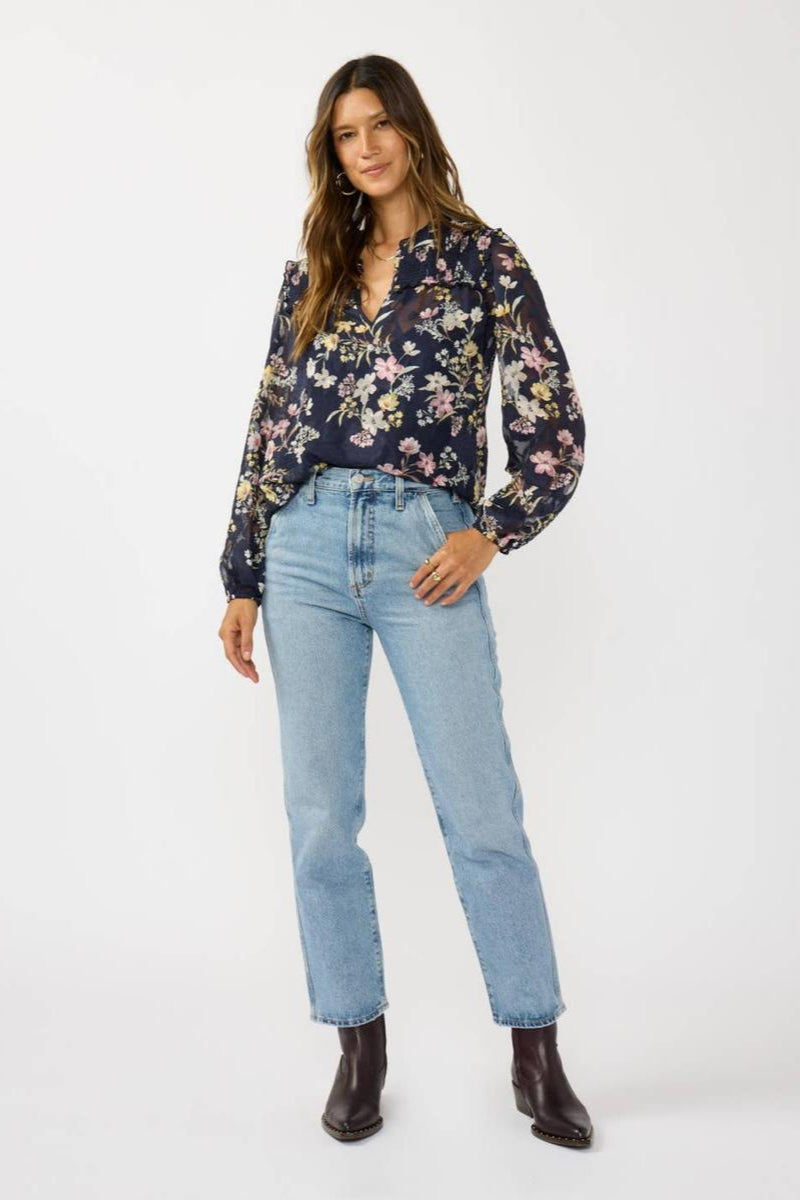 Lovestitch - Smocked Yoke Ruffle Blouse Navy Combo