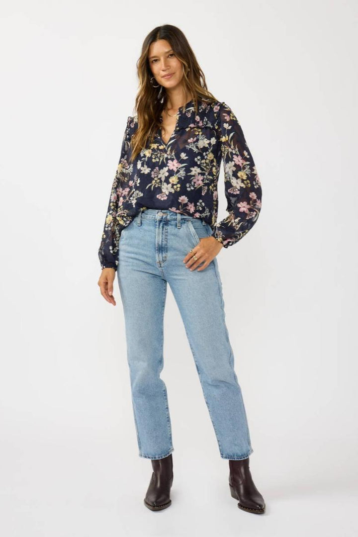 Lovestitch - Smocked Yoke Ruffle Blouse Navy Combo