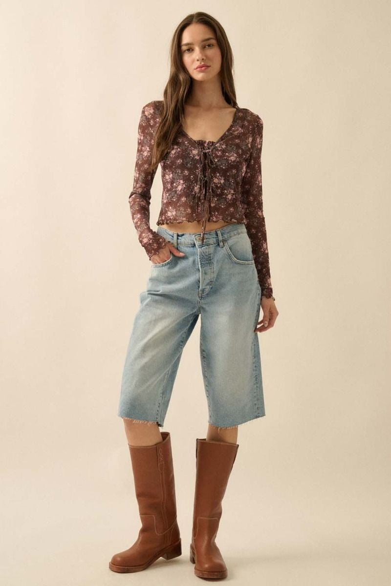 Promesa - Floral Print Mesh Layered Tie Front Top in Brown Floral