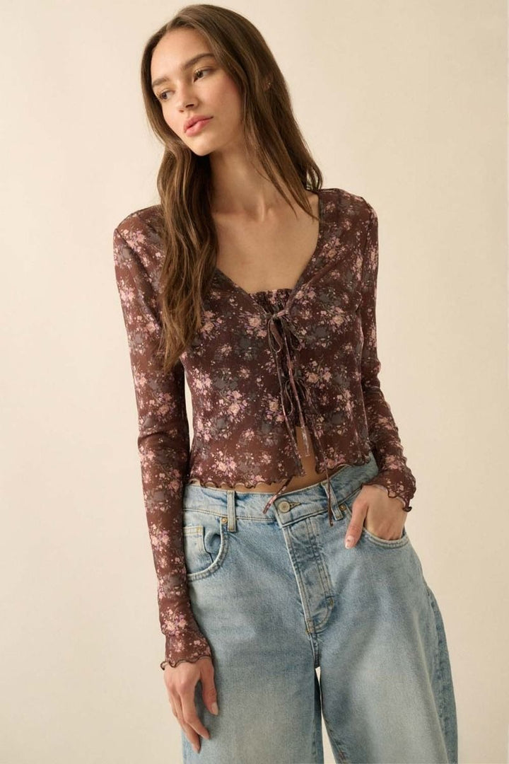 Promesa - Floral Print Mesh Layered Tie Front Top in Brown Floral