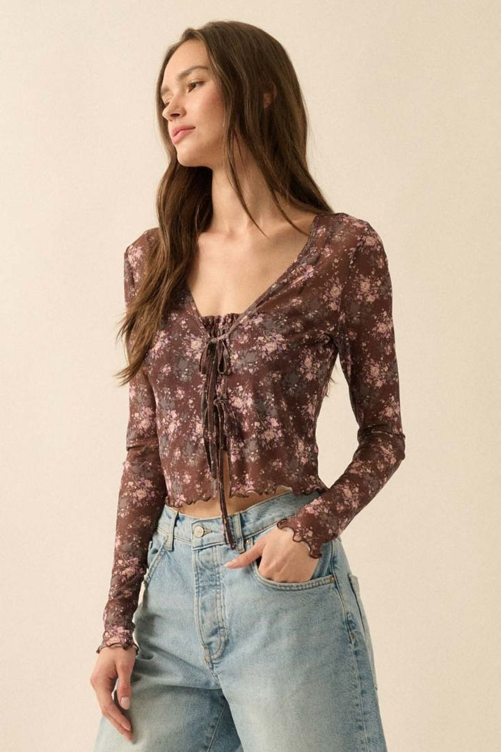 Promesa - Floral Print Mesh Layered Tie Front Top in Brown Floral