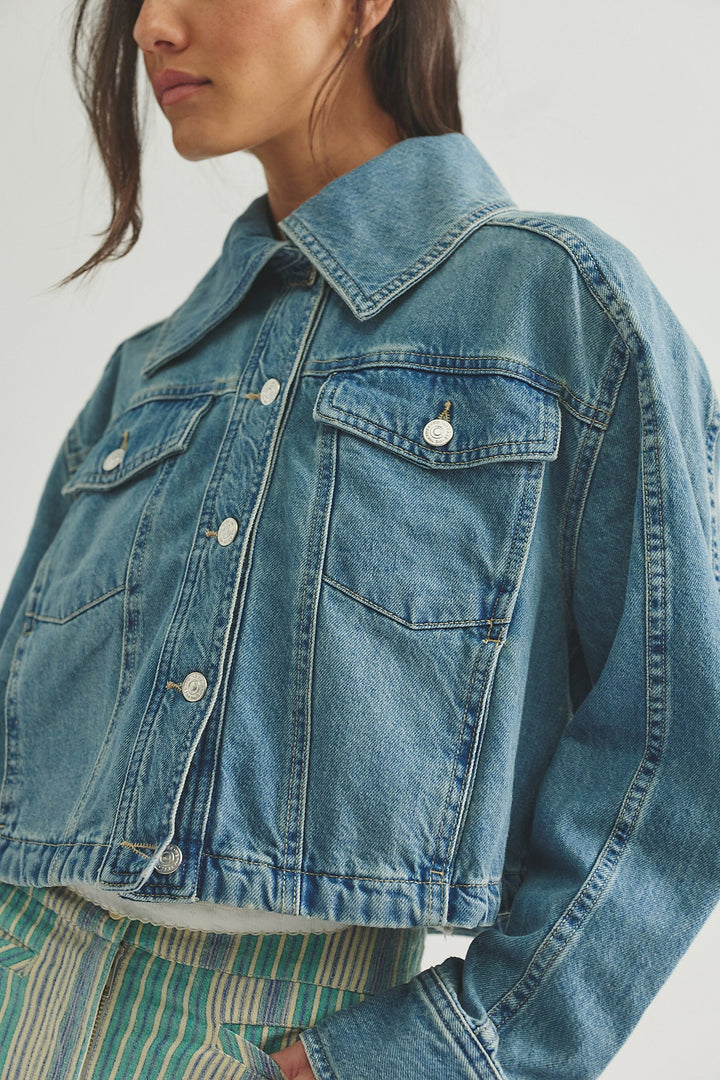Free People - We The Free Side To Side Cropped Denim Jacket in River Wash