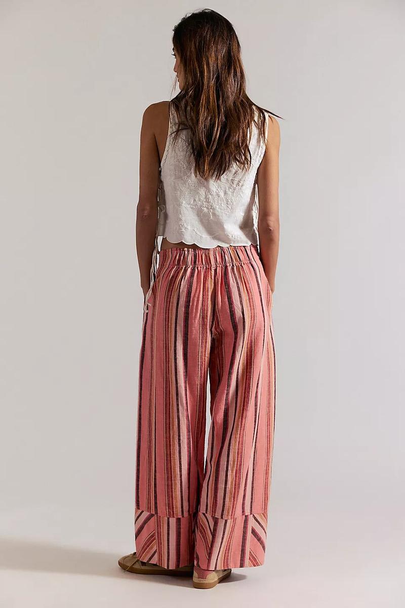 Free People - Day's End Linen Striped Pull-On Pants in Soft Coral Combo