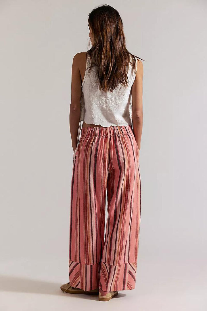 Free People - Day's End Linen Striped Pull-On Pants in Soft Coral Combo