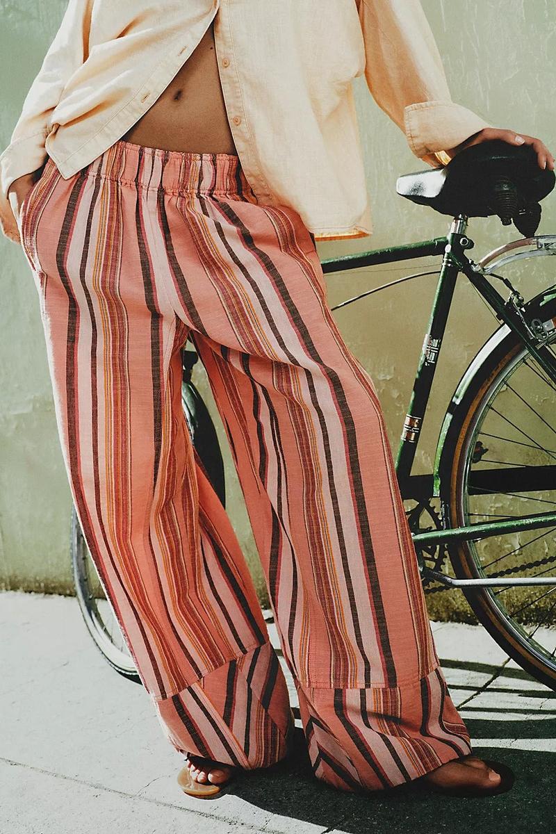 Free People - Day's End Linen Striped Pull-On Pants in Soft Coral Combo