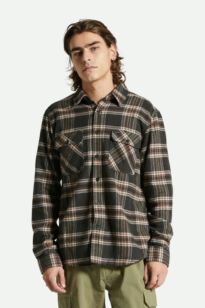 Brixton - Bowery Long Sleeve Flannel in Black/Charcoal/Off White
