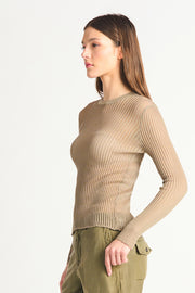 Dex - Mesh Ribbed Sweater Top in Soft Timber Wolf