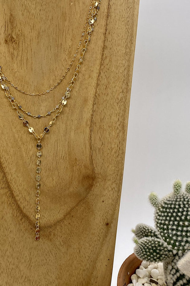 Marit Rae Jewelry - Triple Layer Peach Moonstone Beaded Rosary Chain Necklace